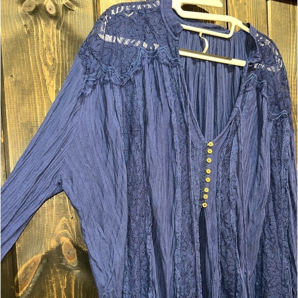 Free People Top M Georgia Lace Tunic Peasant Button Front Semi Sheer Navy Blue - Picture 5 of 13